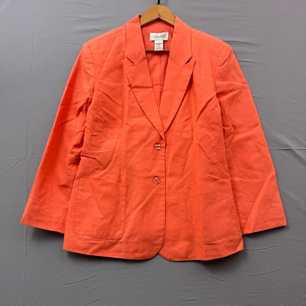 Chadwicks Womens 12P Orange Linen Blend Blazer Two Button Lined Jacket Petite